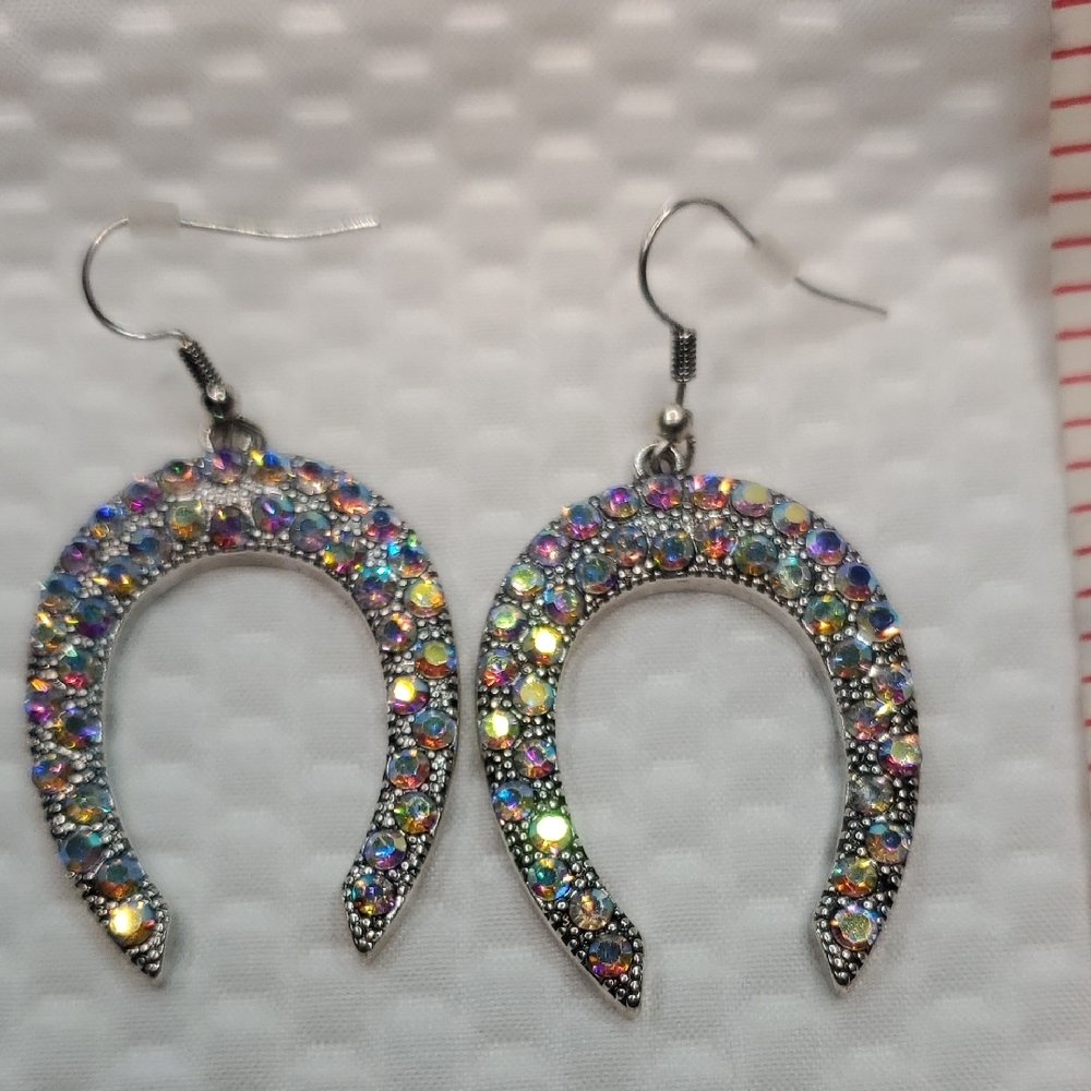 Silver Rhinestone Horseshoe Earrings